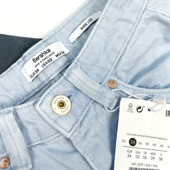 NWT BERSHKA Women Wide Leg Light Blue Jeans w Rips Waist 24" - Picture 9 of 12